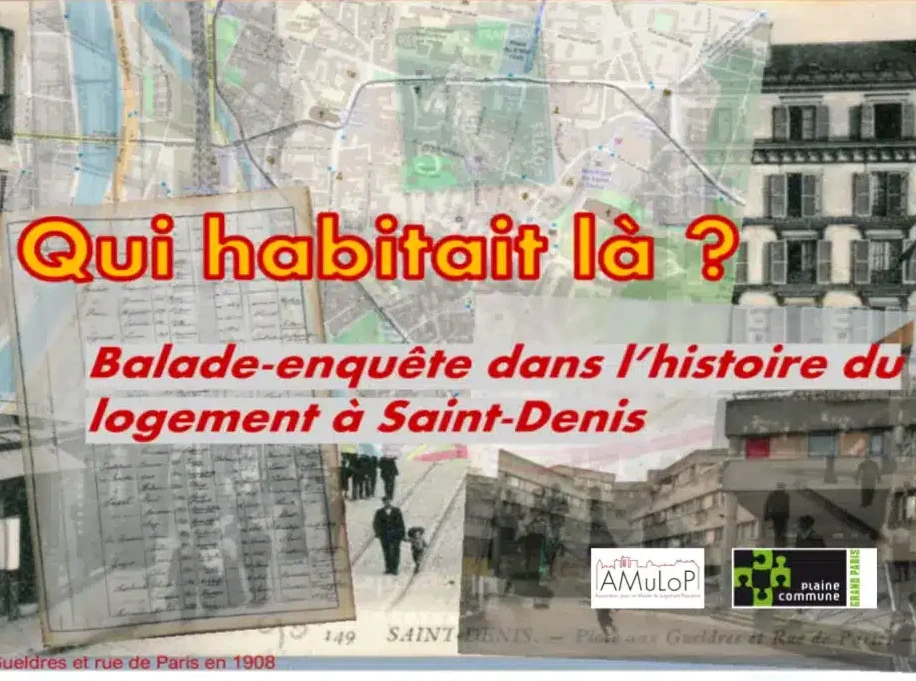 Visuel annonçant une balade urbaine, superposant cartes postales anciennes, photographies contemporaines et cartes de Saint-Denis
