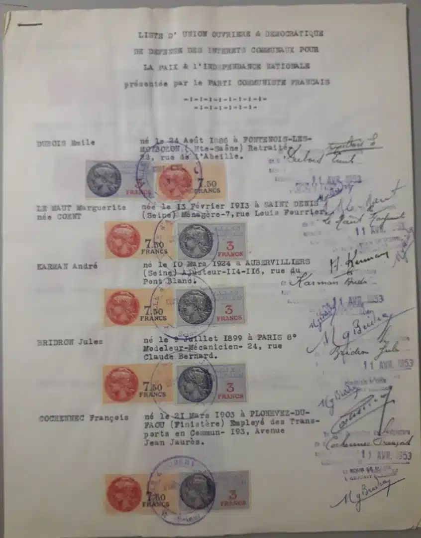 Liste des candidats PCF aux élections municipales de 1953, avec signatures et tampons officiels, Archives municipales d’Aubervilliers