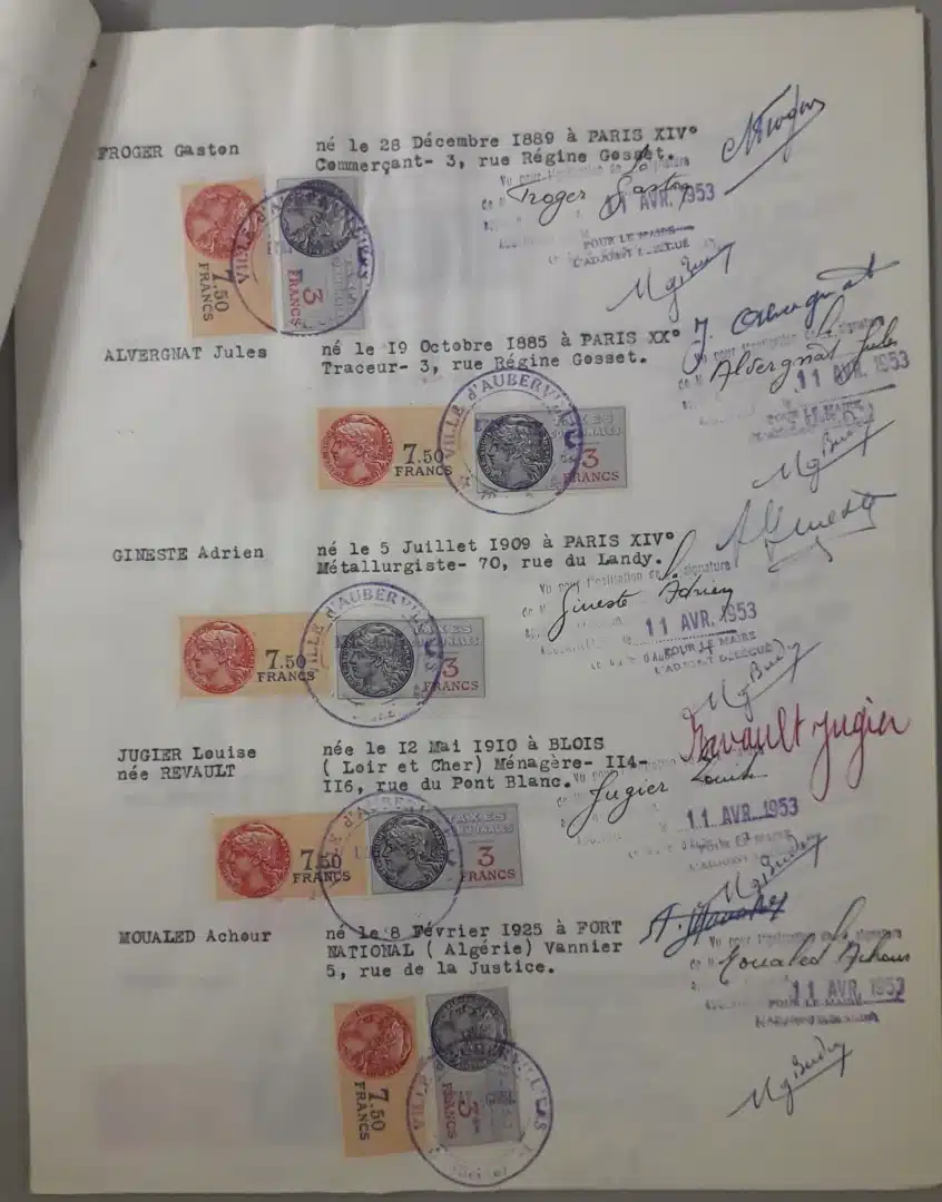Liste des candidats PCF aux élections municipales de 1953, avec signatures et tampons officiels, Archives municipales d’Aubervilliers