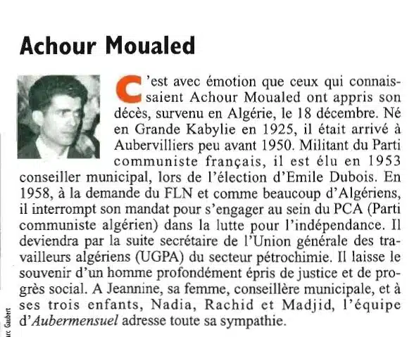 Nécrologie d'Achour Moualed paru dans le magazine municipal d'Aubrevilliers