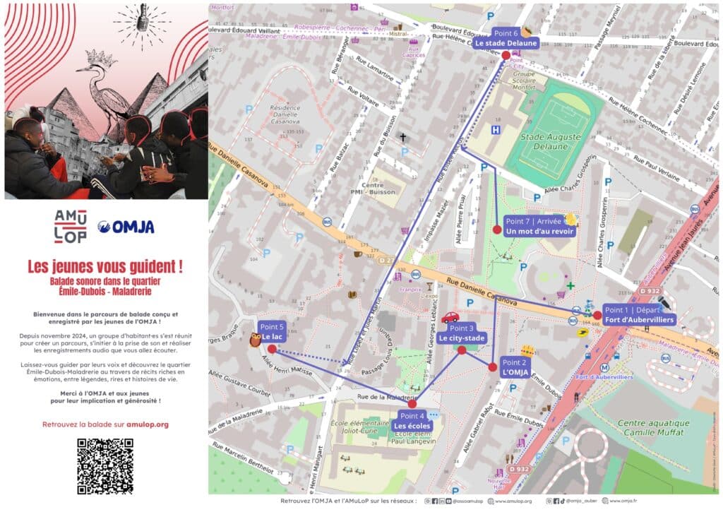 Carte indiquant le parcours d'une balade sonore dans le quartier Émile Dubois - Maladrerie d'Aubervilliers