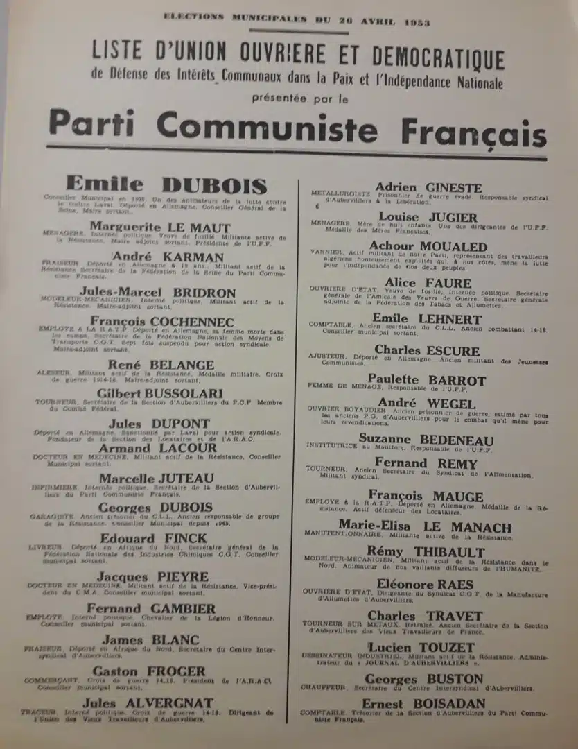 Affiche indiquant la liste des candidats du Parti communiste pour les élections municipales d'Aubervilliers en 1953