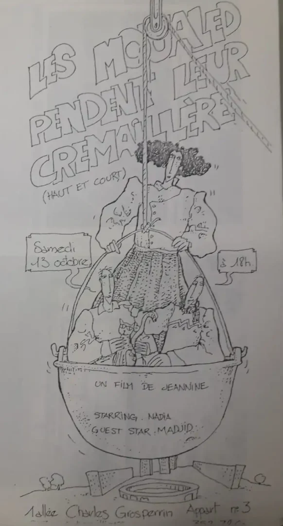 Dessin imprimé, pour une invitation à une fête mettant en scène des habitants et à leur pied la cité HLM où ils résident en miniature