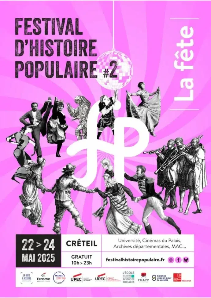 Affiche du festival d'histoire dpopualire n°2 de Créteil. Fonds en tourbillon violet sur lequel des personnage issus de gravures ou photographies anciennes hétérogènes forment une ronde entrainée par trois musiciens à gauche de l'image. Bas de l'image, informations du festival du 22 au 24 mai 2025 à Créteil, gratuit, festivalhistoirepopulaire.fr, logo des partenaires.